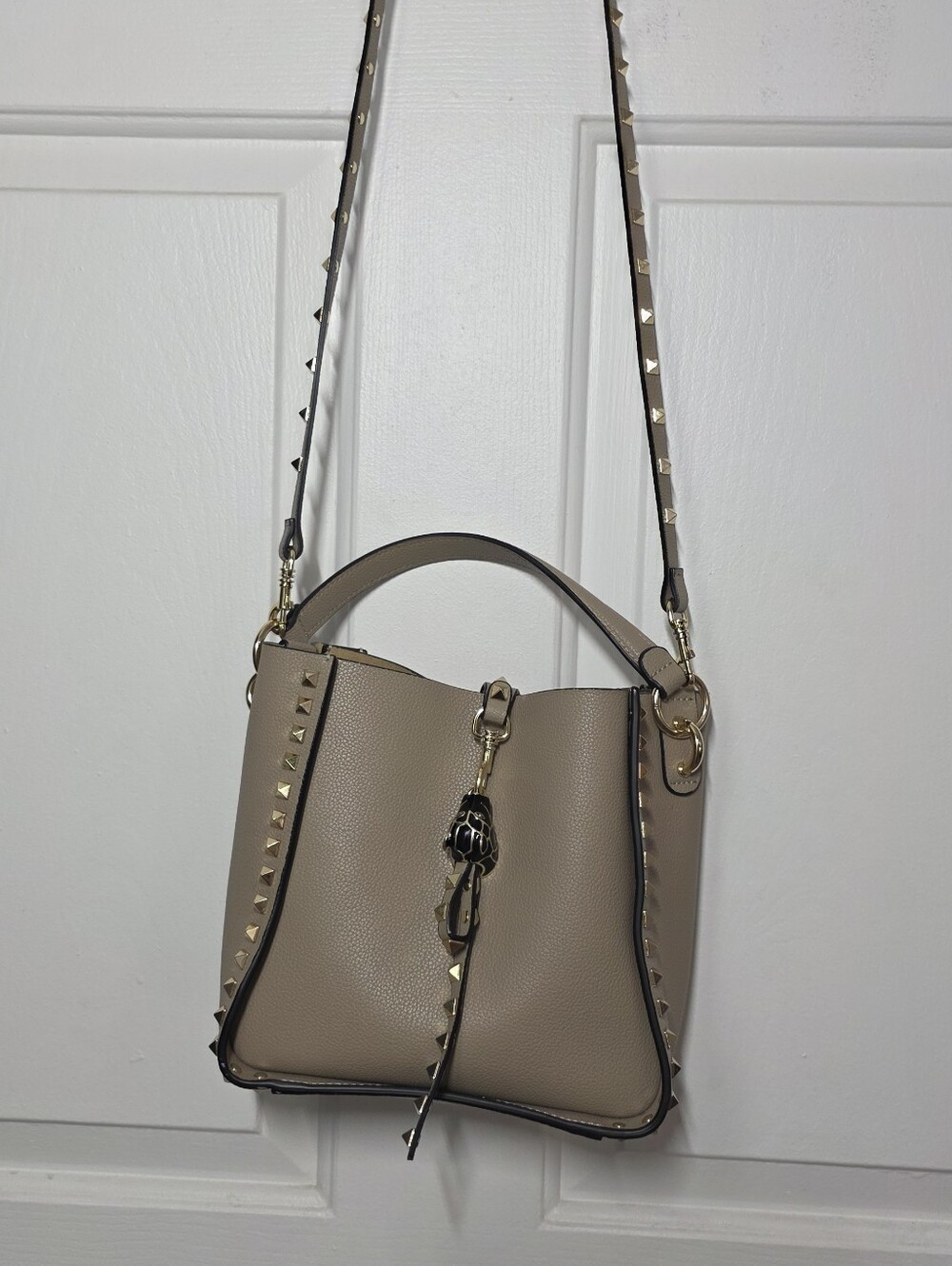 Genuine Cowhide Leather Studded Bucket Bag with Top Handle - Picture 7 of 16